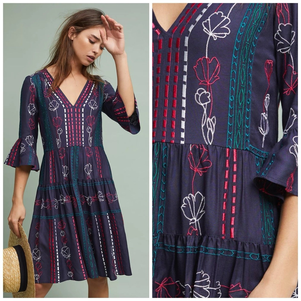 Anthropologie Akemi‎ + Kin 4 (S) Embroidered Dress Boho Tiered Bell Sleeve